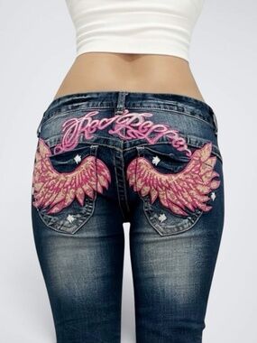 RARE VTG Red Pepper Pink Angel Wings Embroidered Low Rise Skinny Jeans Y2K Gyaru